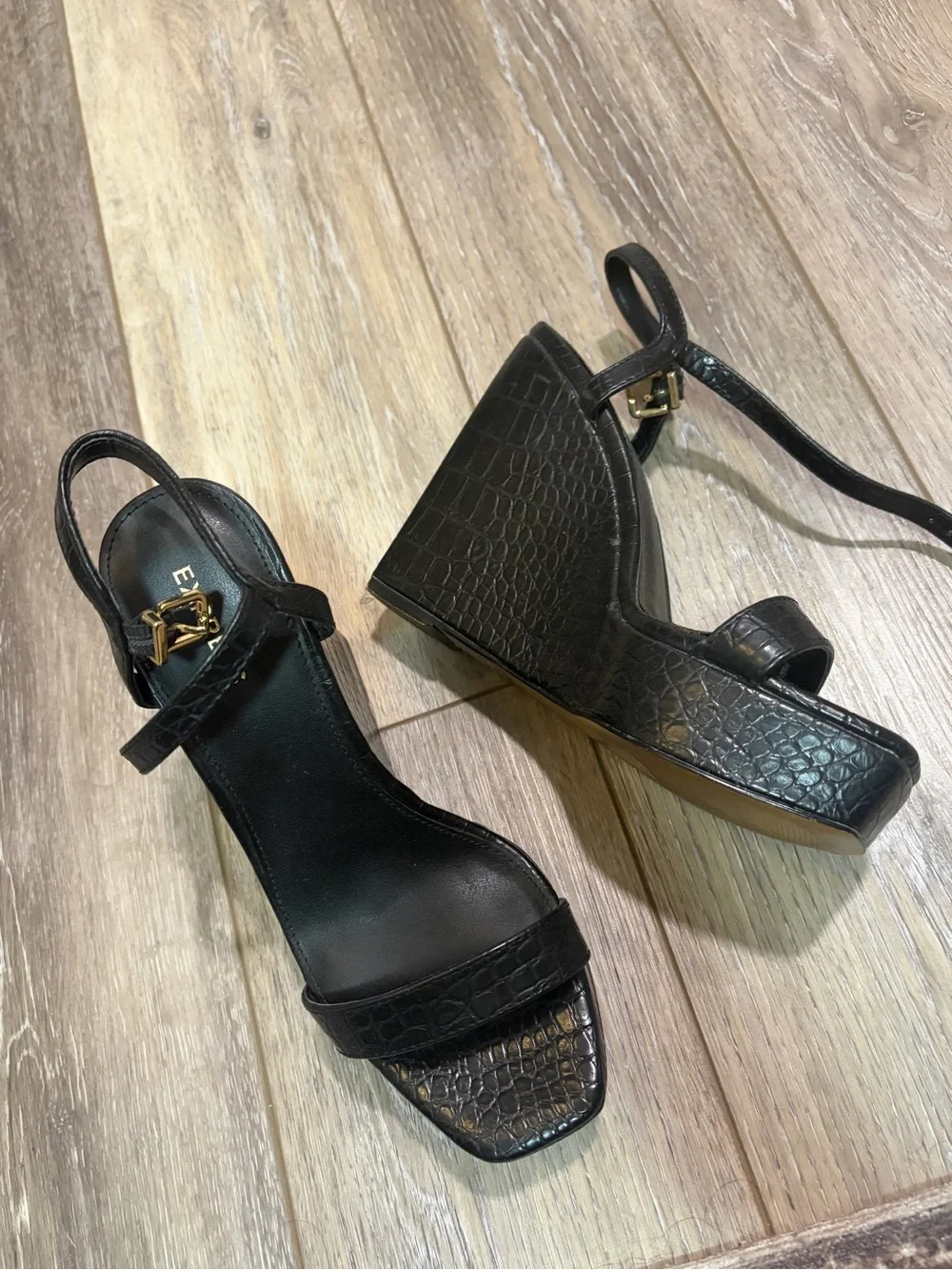 Express Black Croc-Textured Wedge Sandals with Ankle Strap